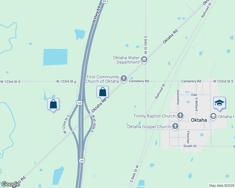 map of restaurants, bars, coffee shops, grocery stores, and more near 12310 Oktaha Road in Oktaha