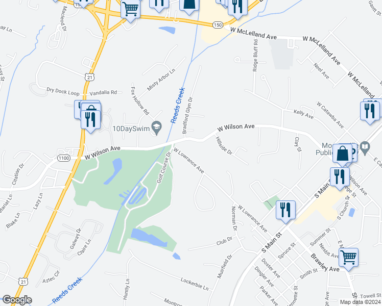 map of restaurants, bars, coffee shops, grocery stores, and more near 549 West Lowrance Avenue in Mooresville