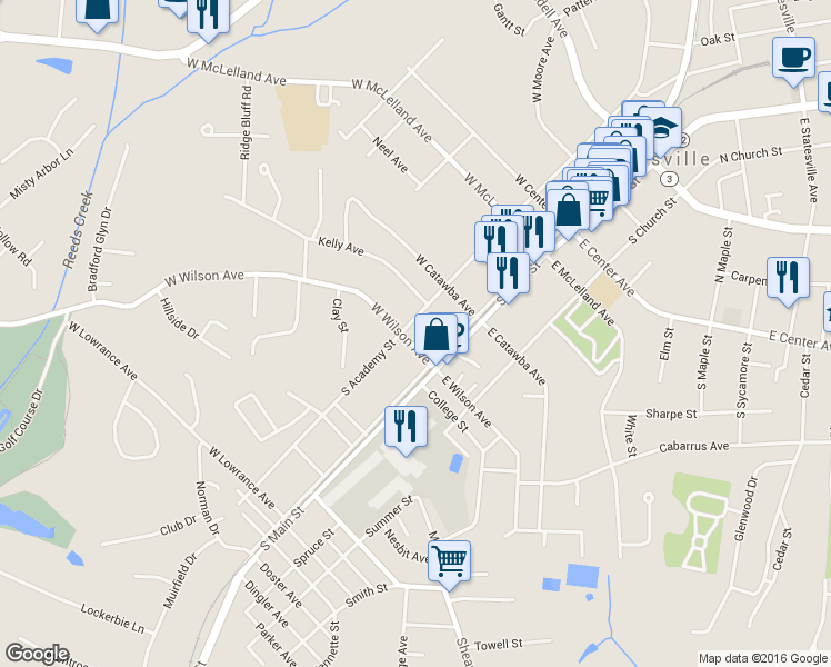 map of restaurants, bars, coffee shops, grocery stores, and more near 350 South Academy Street in Mooresville