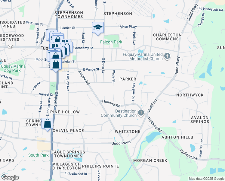 map of restaurants, bars, coffee shops, grocery stores, and more near 406 Wade Street in Fuquay-Varina