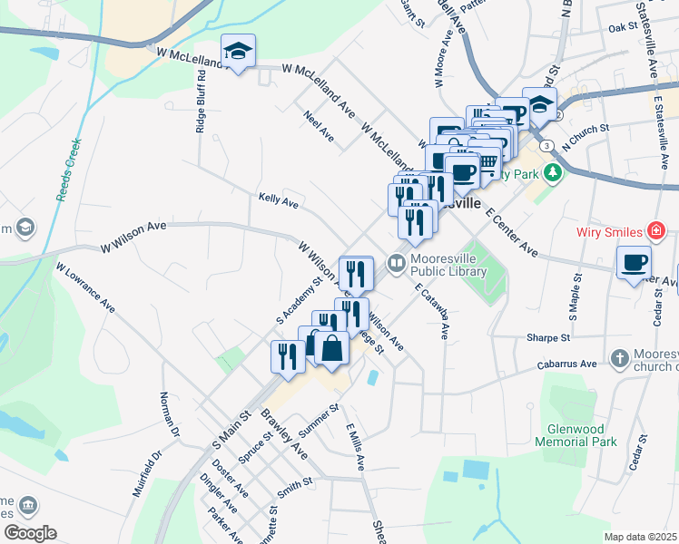 map of restaurants, bars, coffee shops, grocery stores, and more near 350 South Academy Street in Mooresville