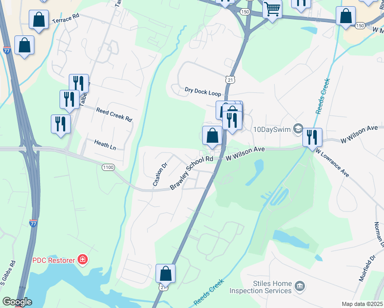 map of restaurants, bars, coffee shops, grocery stores, and more near 128 Brawley School Road in Mooresville