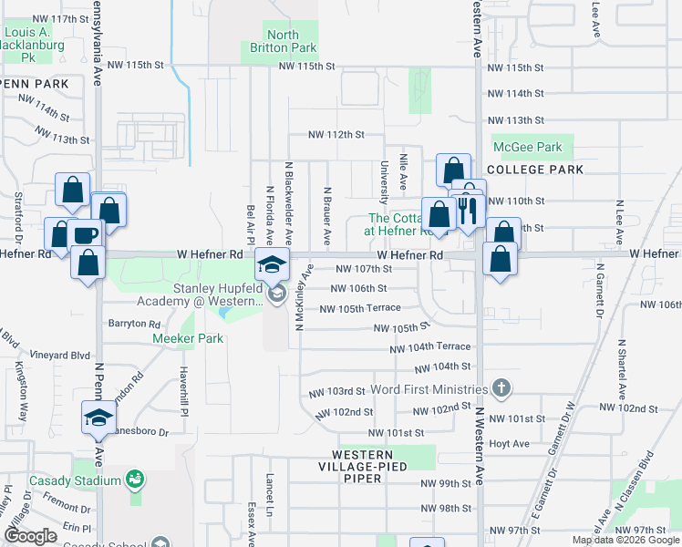 map of restaurants, bars, coffee shops, grocery stores, and more near 1325 Northwest 107th Street in Oklahoma City