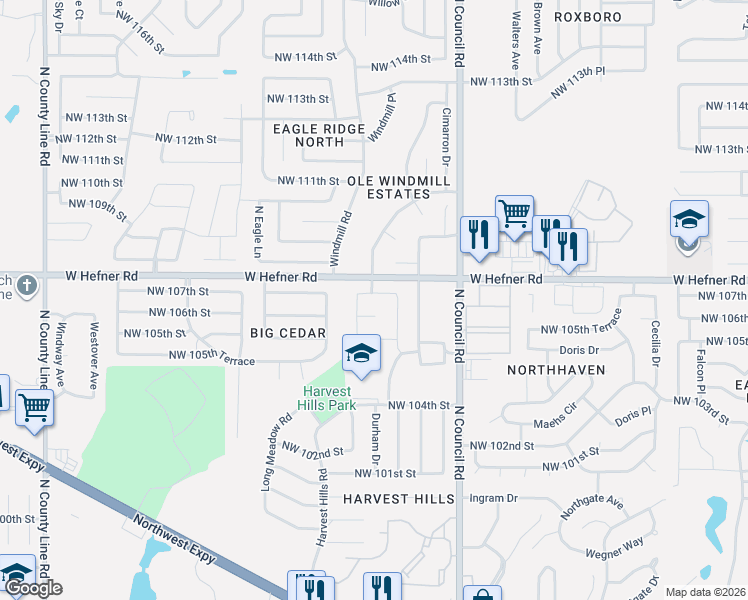 map of restaurants, bars, coffee shops, grocery stores, and more near 8209 Northwest 107th Street in Oklahoma City