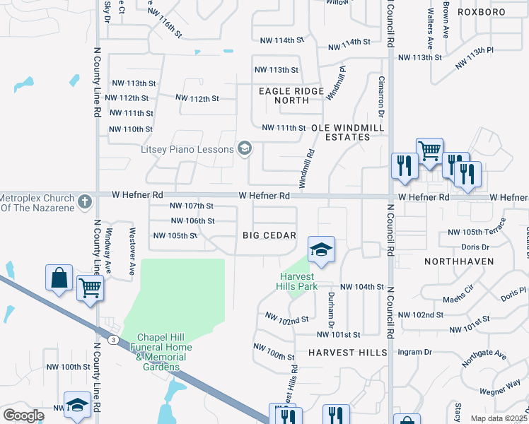 map of restaurants, bars, coffee shops, grocery stores, and more near 8325 Northwest 107th Street in Oklahoma City