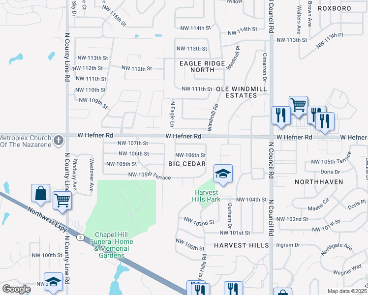 map of restaurants, bars, coffee shops, grocery stores, and more near 8325 Northwest 107th Street in Oklahoma City