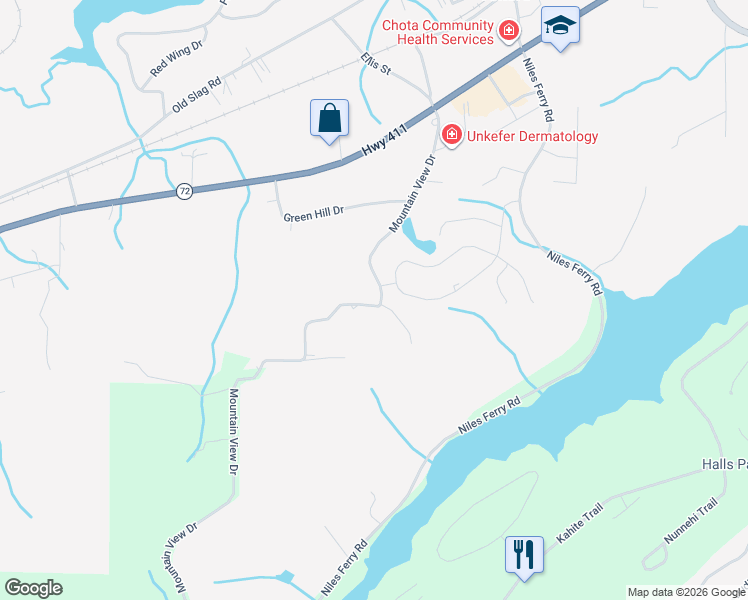 map of restaurants, bars, coffee shops, grocery stores, and more near 260 Mountain View Drive in Vonore