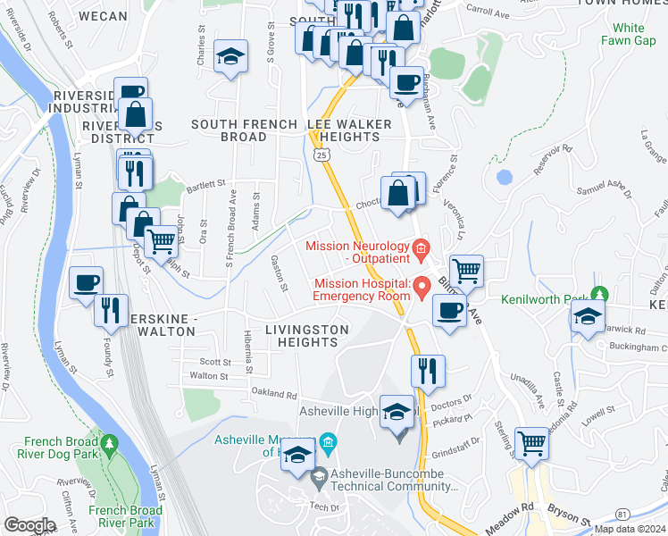 map of restaurants, bars, coffee shops, grocery stores, and more near 1 Myrtle Street in Asheville