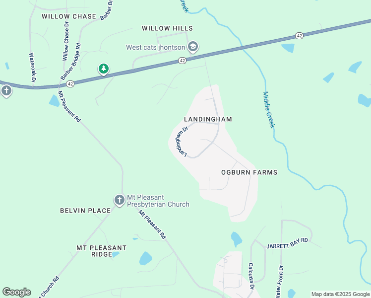 map of restaurants, bars, coffee shops, grocery stores, and more near 7032 Landingham Drive in Willow Spring