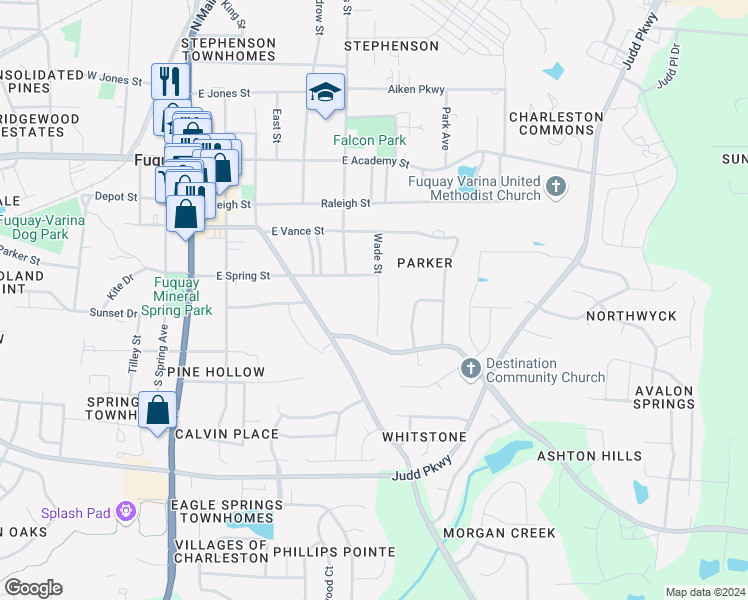 map of restaurants, bars, coffee shops, grocery stores, and more near 406 Wade Street in Fuquay-Varina
