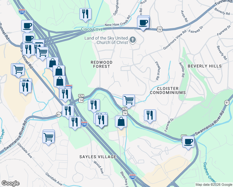 map of restaurants, bars, coffee shops, grocery stores, and more near 24 Swanna View Drive in Asheville