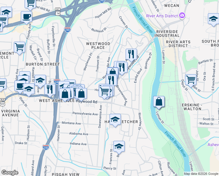 map of restaurants, bars, coffee shops, grocery stores, and more near 29 Brownwood Avenue in Asheville