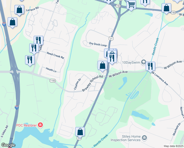 map of restaurants, bars, coffee shops, grocery stores, and more near 128 Brawley School Road in Mooresville