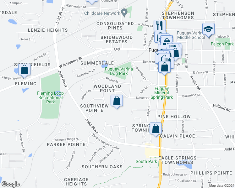 map of restaurants, bars, coffee shops, grocery stores, and more near 617 Sunset Drive in Fuquay Varina