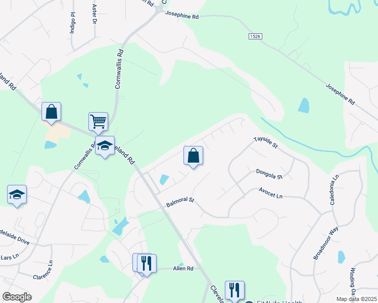 map of restaurants, bars, coffee shops, grocery stores, and more near 205 Green Park in Clayton