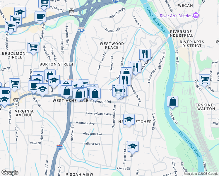 map of restaurants, bars, coffee shops, grocery stores, and more near 220 Waynesville Avenue in Asheville