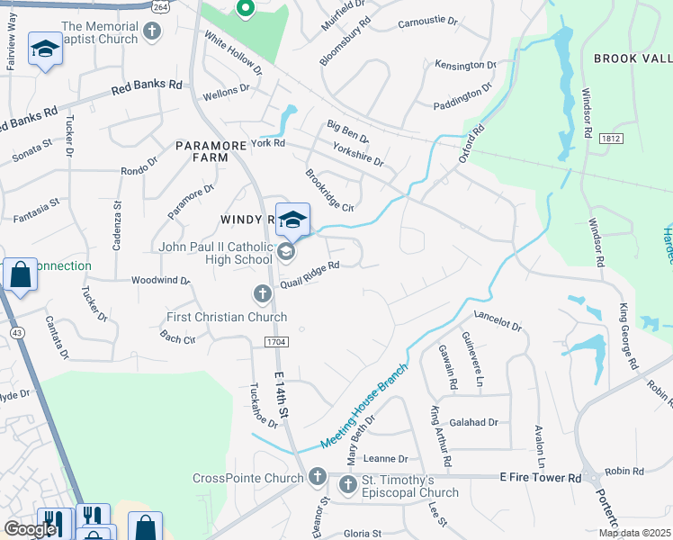 map of restaurants, bars, coffee shops, grocery stores, and more near 2041 Quail Ridge Road in Greenville