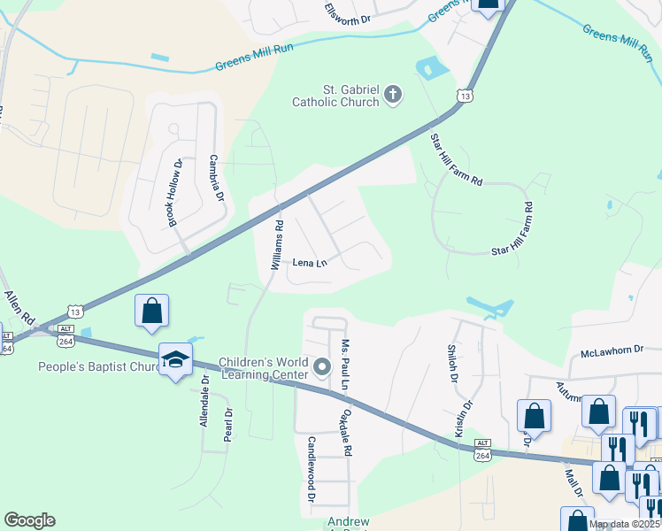 map of restaurants, bars, coffee shops, grocery stores, and more near 3604 Lena Lane in Greenville