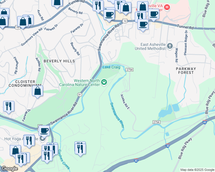 map of restaurants, bars, coffee shops, grocery stores, and more near 75 Gashes Creek Road in Asheville