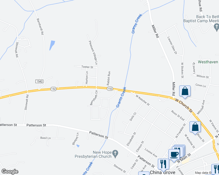 map of restaurants, bars, coffee shops, grocery stores, and more near 950 North Carolina 152 in China Grove