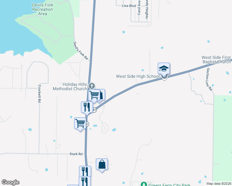 map of restaurants, bars, coffee shops, grocery stores, and more near 7520 Greers Ferry Road in Greers Ferry