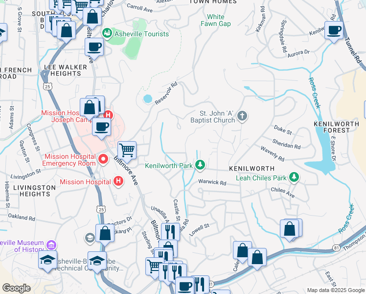 map of restaurants, bars, coffee shops, grocery stores, and more near 33 Thurland Avenue in Asheville