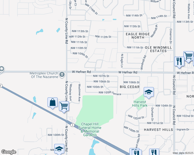 map of restaurants, bars, coffee shops, grocery stores, and more near 8600 Northwest 107th Street in Oklahoma City