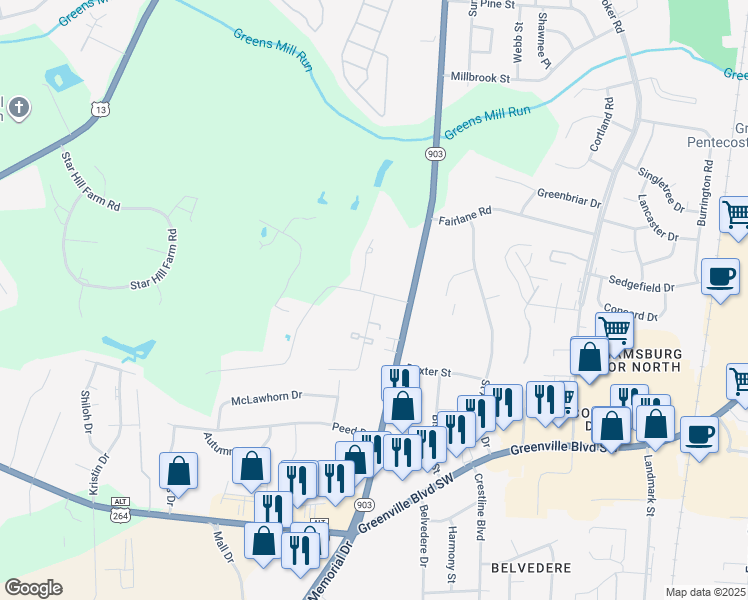 map of restaurants, bars, coffee shops, grocery stores, and more near 208 Country Club Dr in Greenville