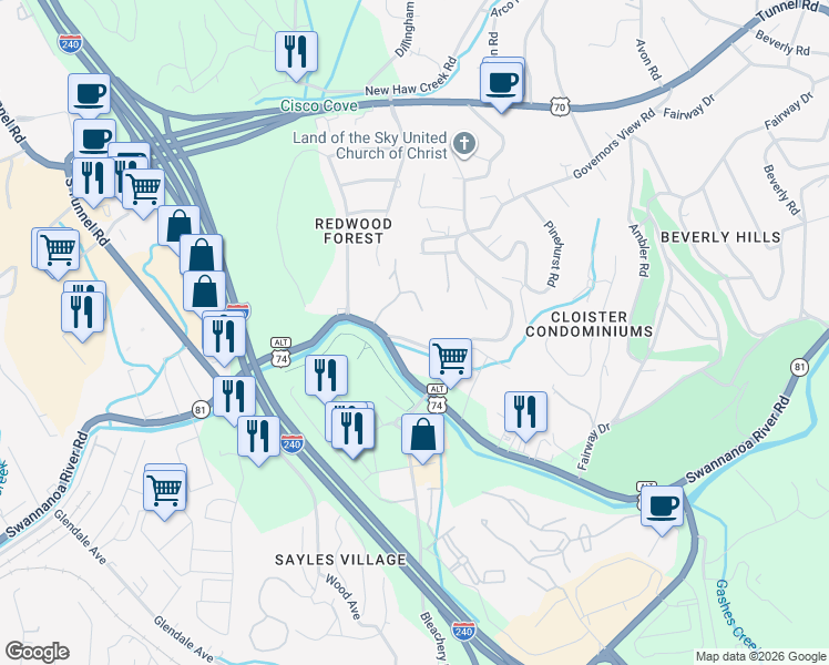 map of restaurants, bars, coffee shops, grocery stores, and more near 24 Swanna View Drive in Asheville