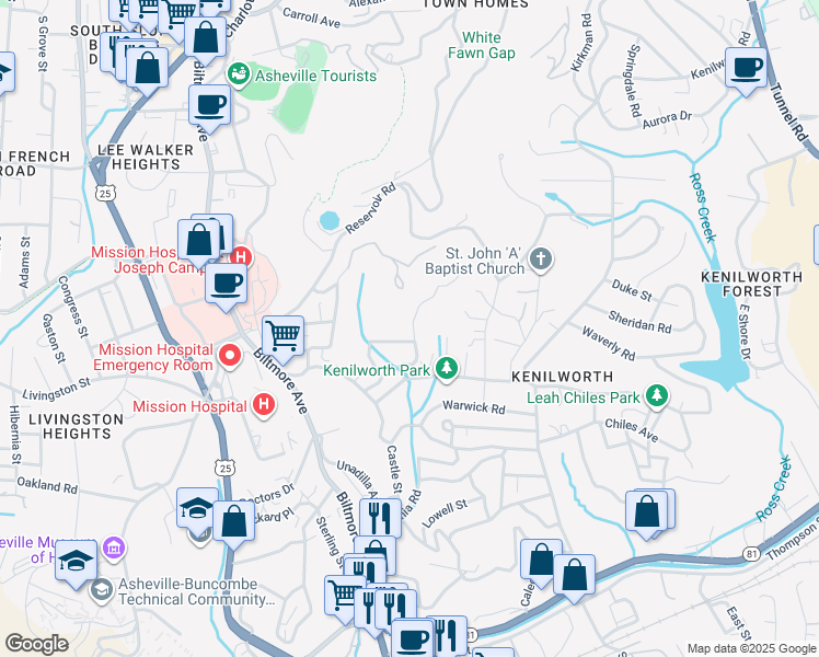 map of restaurants, bars, coffee shops, grocery stores, and more near 33 Thurland Avenue in Asheville