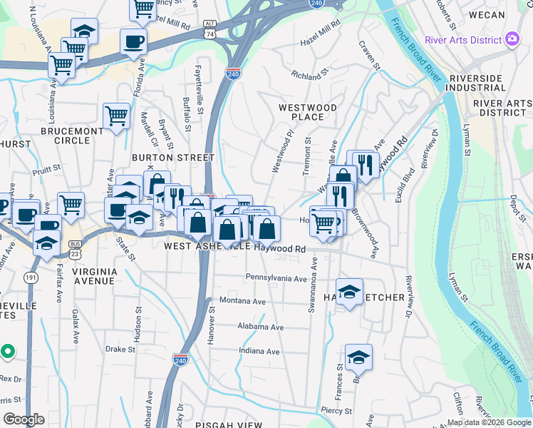 map of restaurants, bars, coffee shops, grocery stores, and more near 46 Westwood Place in Asheville