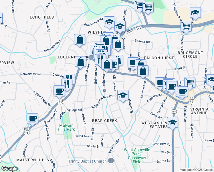 map of restaurants, bars, coffee shops, grocery stores, and more near 40 Covington Street in Asheville