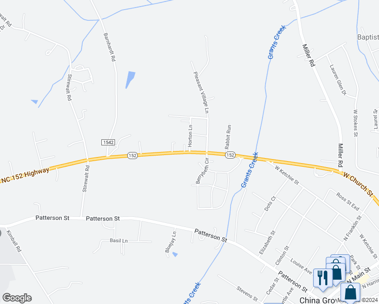 map of restaurants, bars, coffee shops, grocery stores, and more near West North Carolina 152 Highway in China Grove