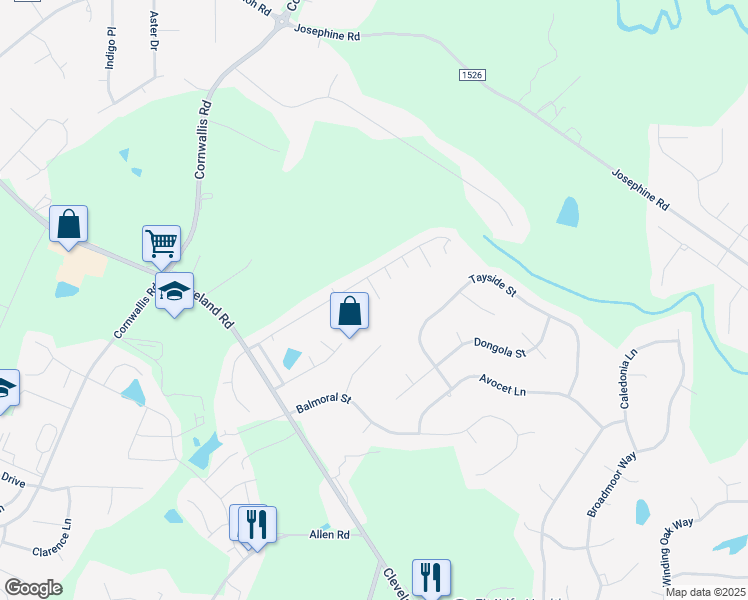 map of restaurants, bars, coffee shops, grocery stores, and more near 120 Blackthorne Court in Clayton