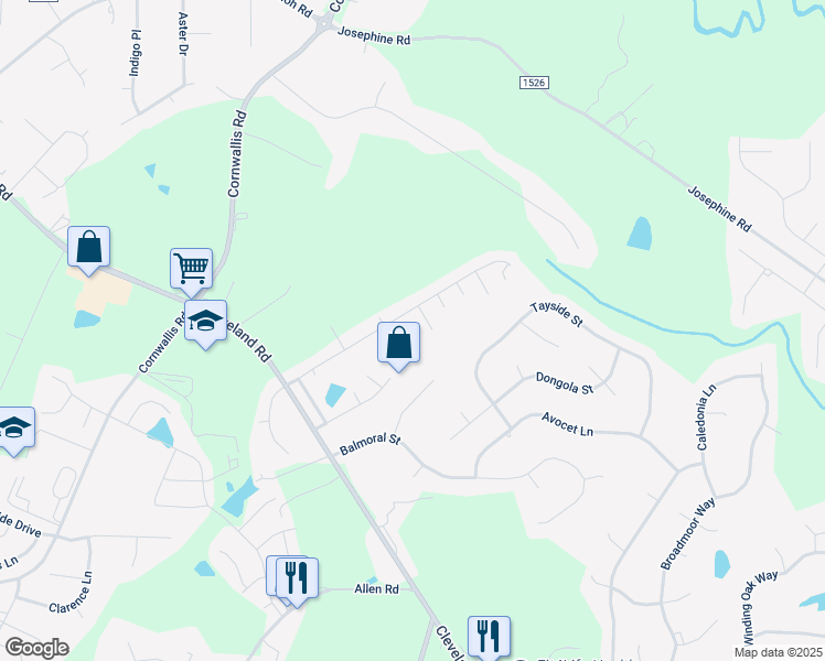map of restaurants, bars, coffee shops, grocery stores, and more near 401 Whitehall Court in Clayton