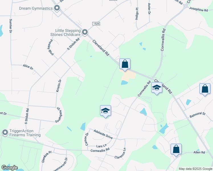 map of restaurants, bars, coffee shops, grocery stores, and more near 126 Langdon Pointe Drive in Garner