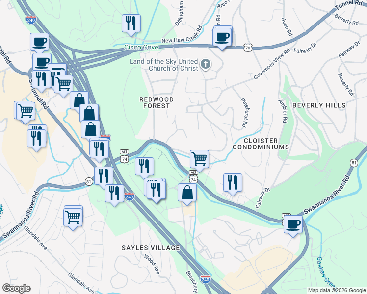 map of restaurants, bars, coffee shops, grocery stores, and more near 24 Swanna View Drive in Asheville