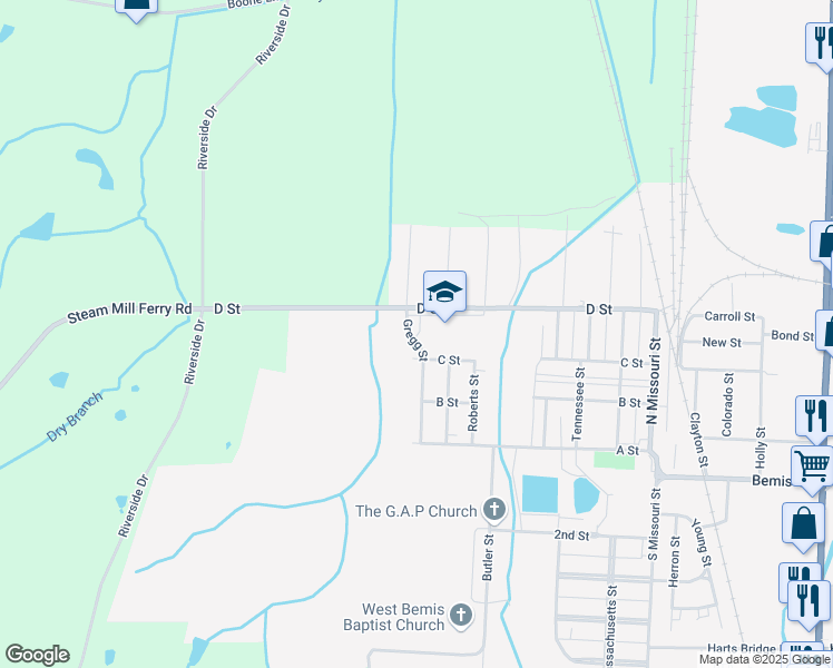 map of restaurants, bars, coffee shops, grocery stores, and more near 230 D Street in Jackson