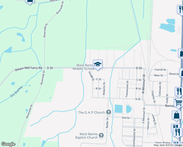 map of restaurants, bars, coffee shops, grocery stores, and more near 230 D Street in Jackson