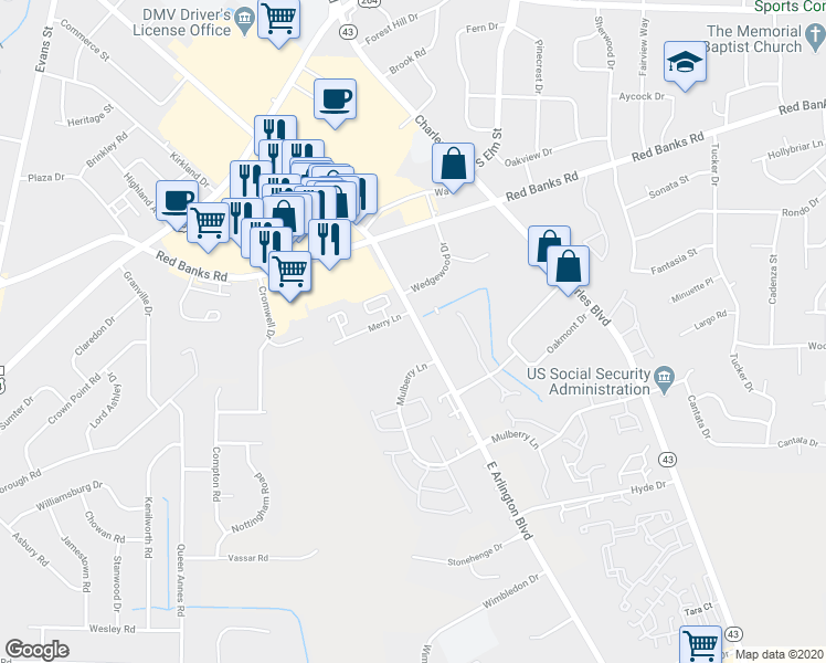 map of restaurants, bars, coffee shops, grocery stores, and more near 26 Merry Lane in Greenville