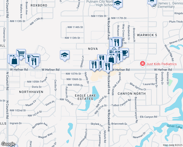map of restaurants, bars, coffee shops, grocery stores, and more near 7224 West Hefner Road in Oklahoma City
