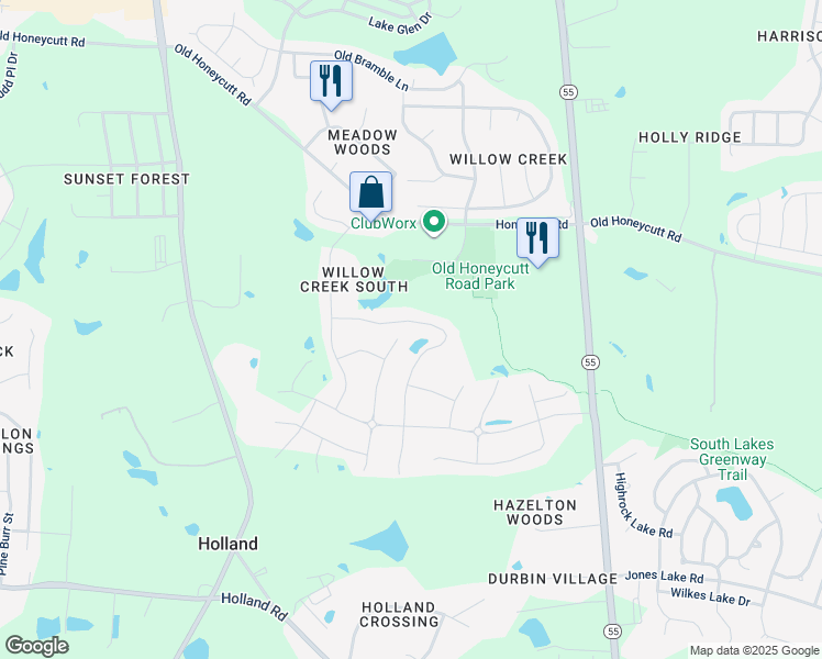 map of restaurants, bars, coffee shops, grocery stores, and more near 1817 Heisser Lane in Fuquay-Varina