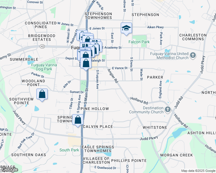 map of restaurants, bars, coffee shops, grocery stores, and more near 215 Ballentine Street in Fuquay-Varina