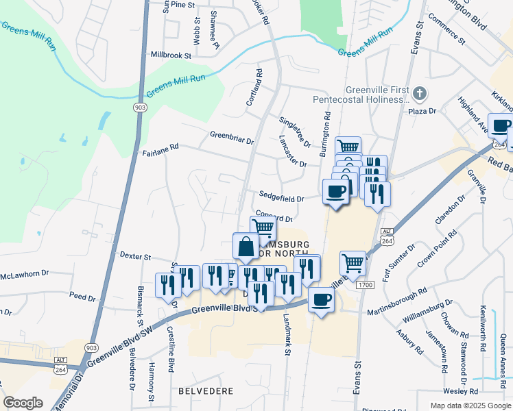 map of restaurants, bars, coffee shops, grocery stores, and more near 1401-1499 Hooker Road in Greenville