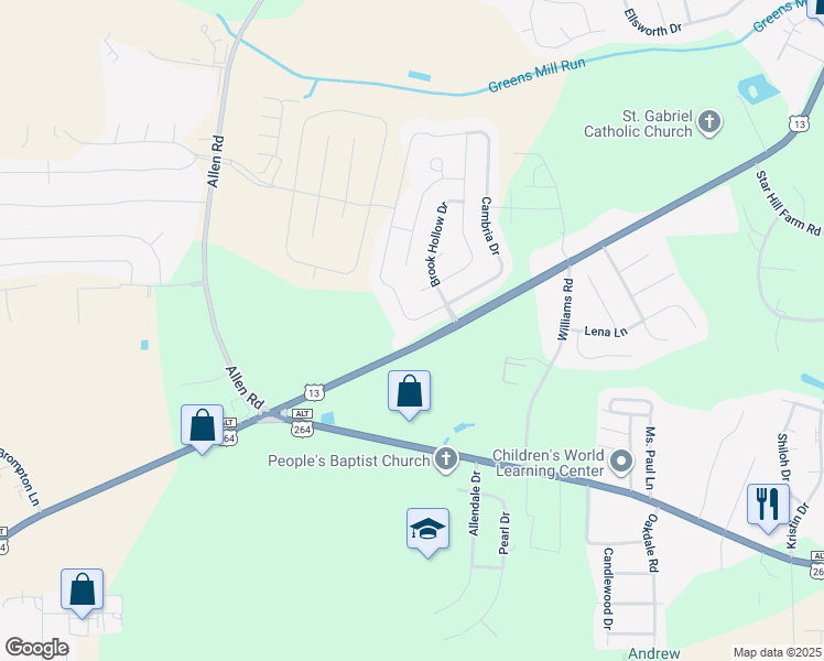 map of restaurants, bars, coffee shops, grocery stores, and more near 1613 Cambria Drive in Greenville