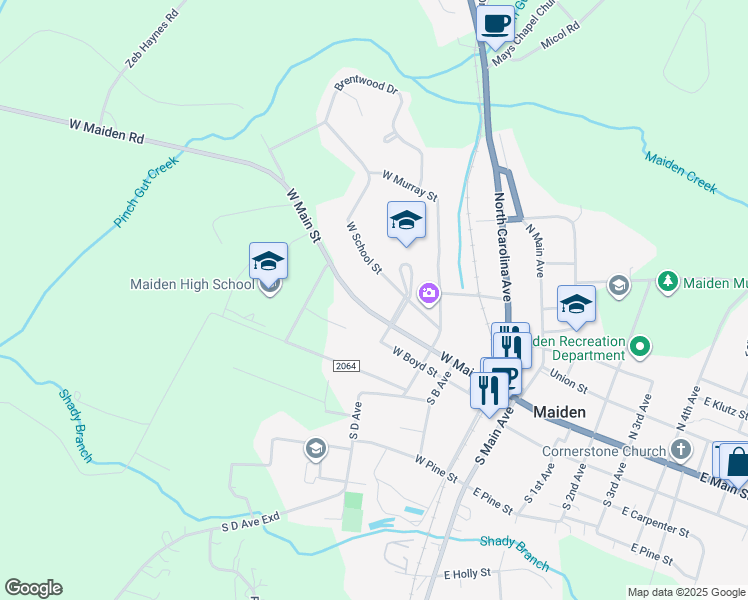 map of restaurants, bars, coffee shops, grocery stores, and more near 502 West School Street in Maiden