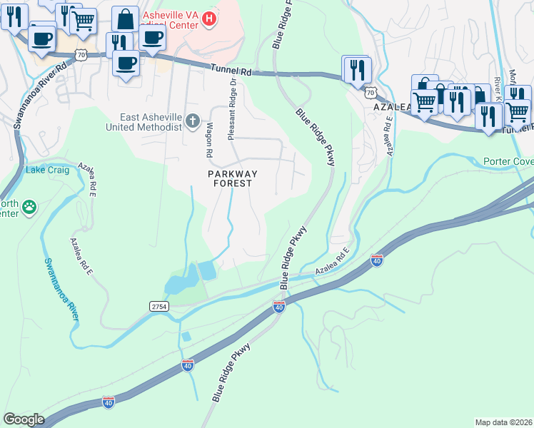 map of restaurants, bars, coffee shops, grocery stores, and more near 62 Pleasant Ridge Drive in Asheville