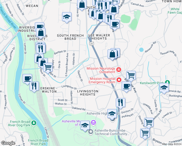 map of restaurants, bars, coffee shops, grocery stores, and more near 20 Pine Grove Avenue in Asheville