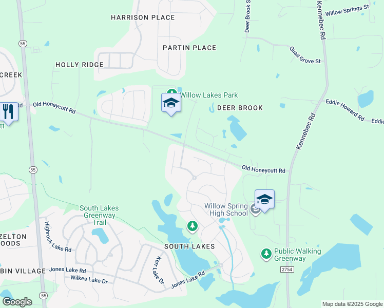 map of restaurants, bars, coffee shops, grocery stores, and more near 305 Lake Lure Way in Fuquay-Varina