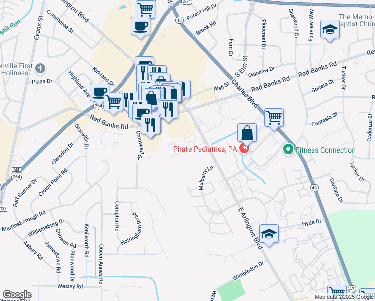 map of restaurants, bars, coffee shops, grocery stores, and more near 30 Merry Lane in Greenville